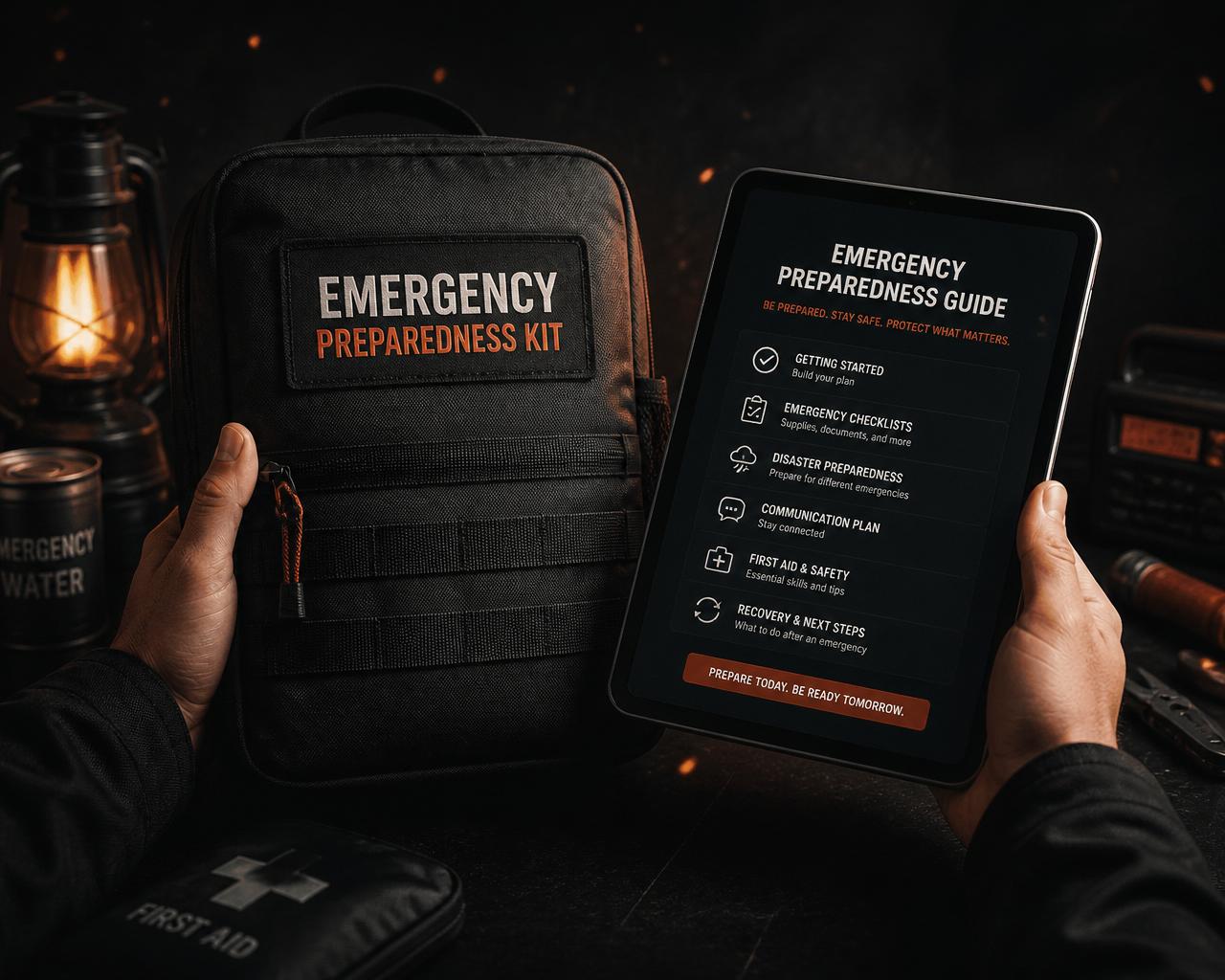 Hands holding an emergency kit and a tablet displaying the Universal Facto guide